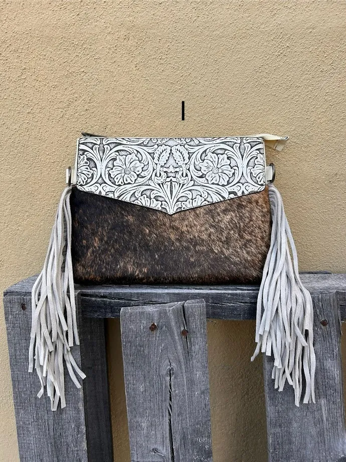 Top Notch Accessories Tooled Leather & Cowhide Purse In Beige 3073-1BG