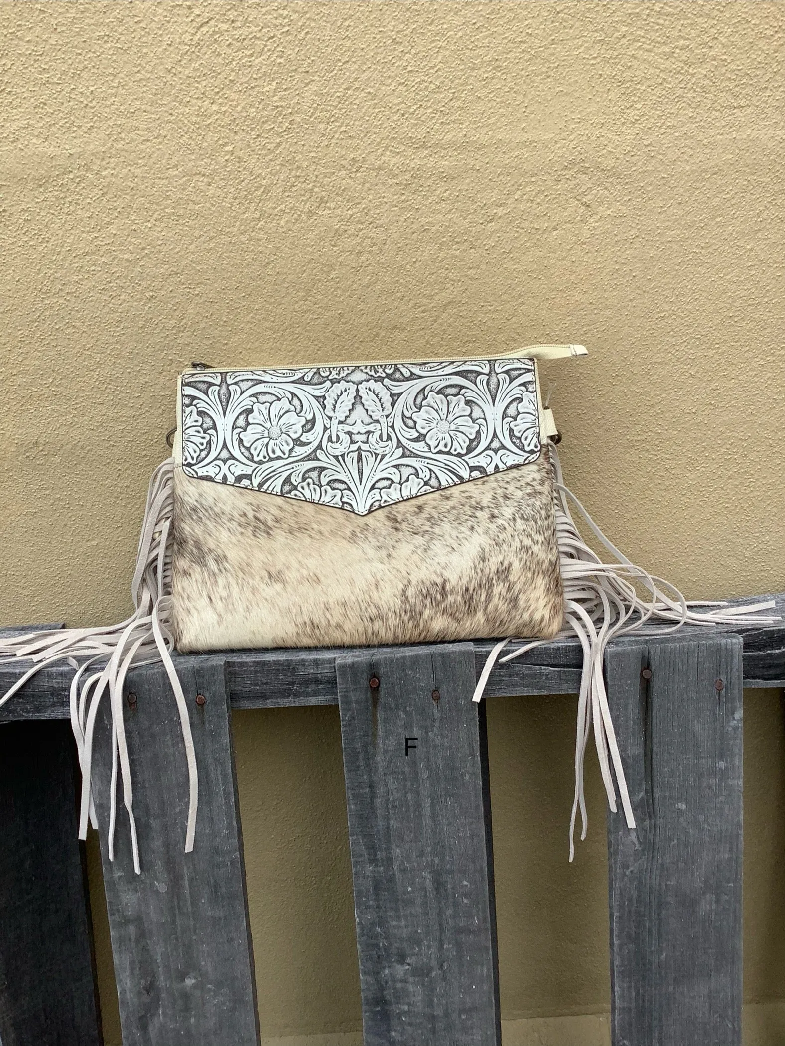 Top Notch Accessories Tooled Leather & Cowhide Purse In Beige 3073-1BG