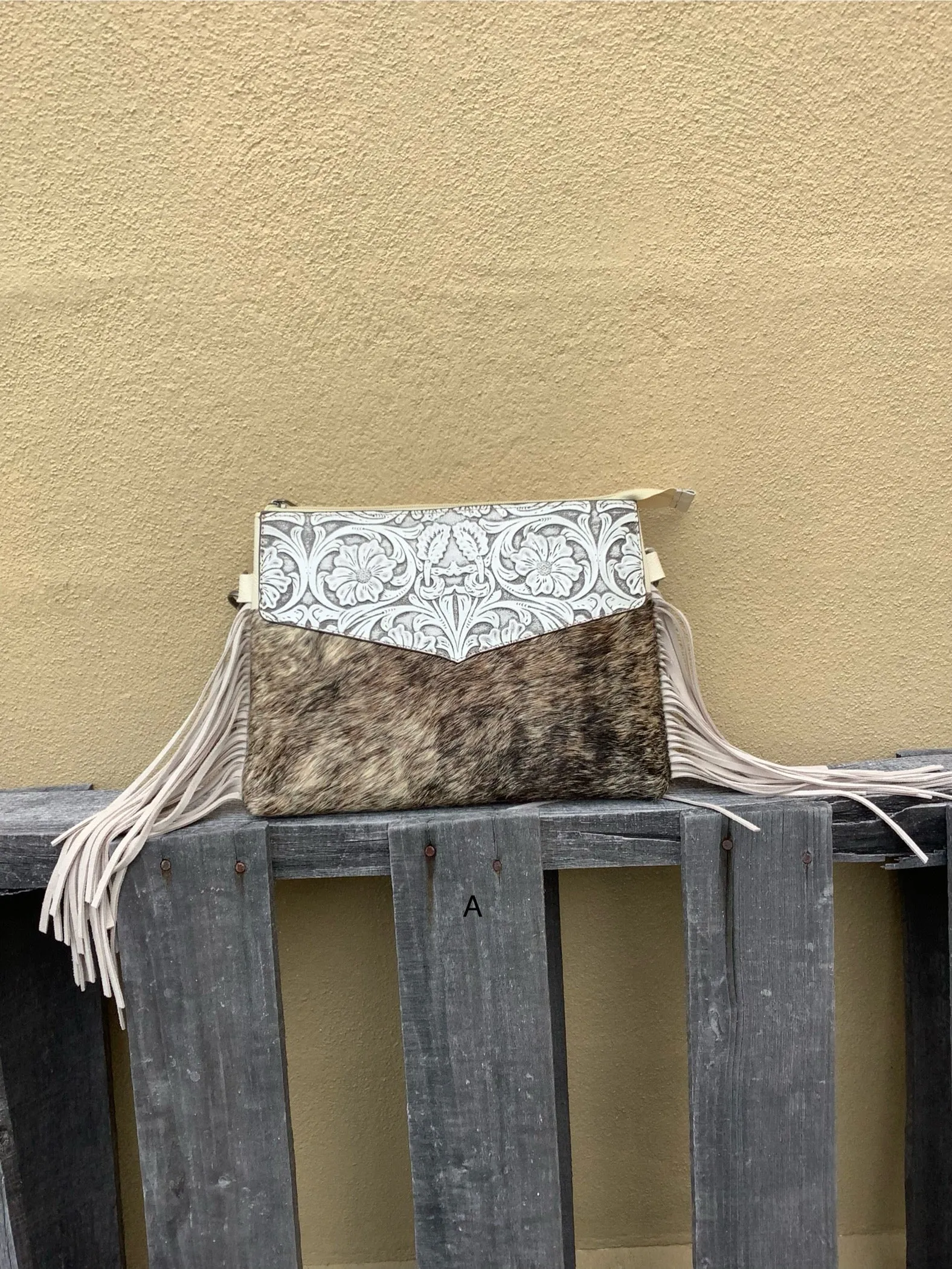 Top Notch Accessories Tooled Leather & Cowhide Purse In Beige 3073-1BG