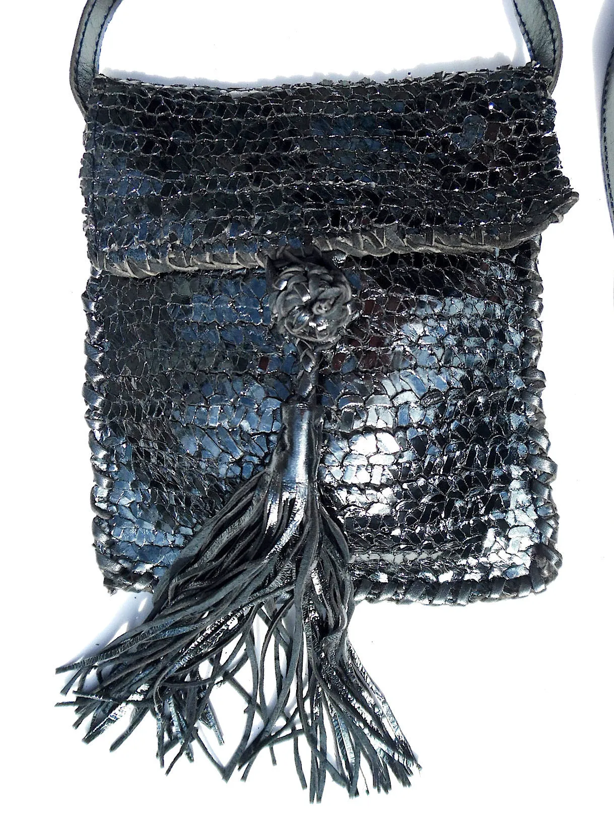 Tricot Woven Leather Crossbody Bag with Tassel