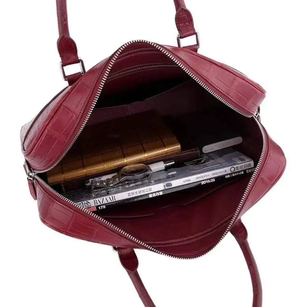 Unisex Crocodile Leather Laptop Briefcase with Pass Through Trolley Handles Red