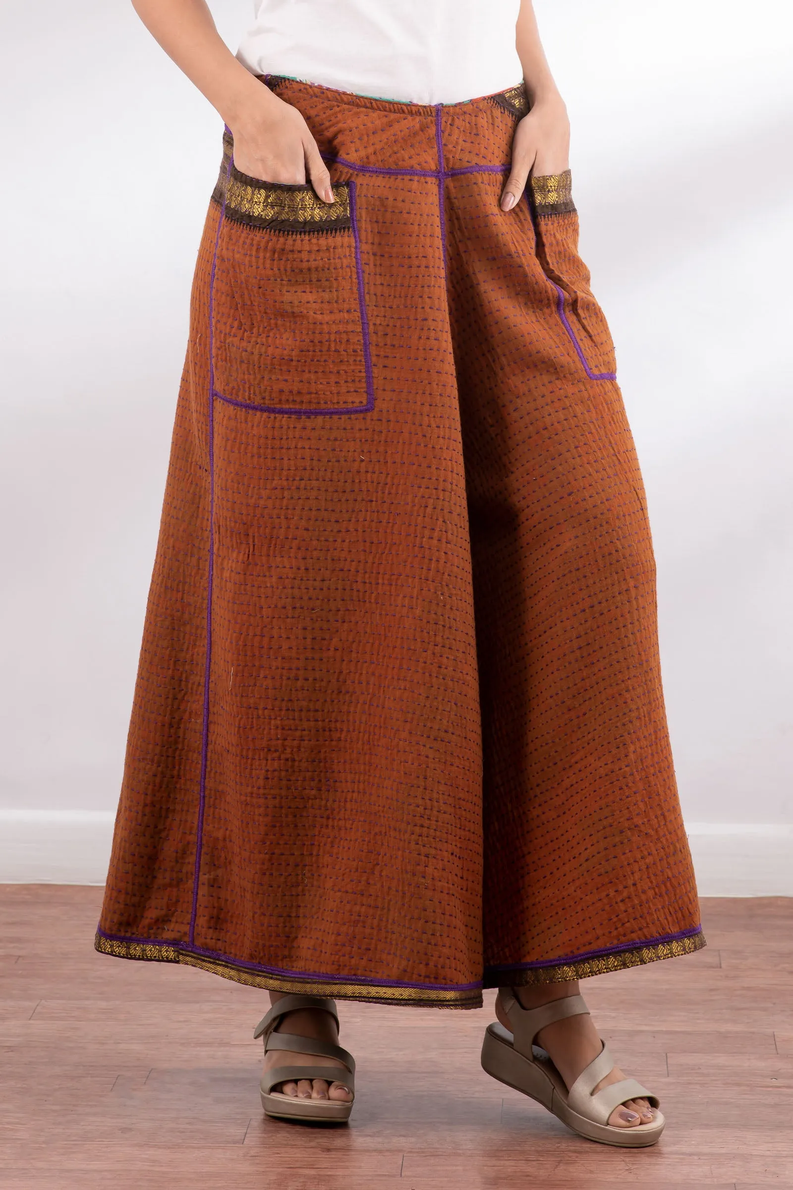 VINTAGE COTTON BBK KANTHA WIDE LEG PANTS