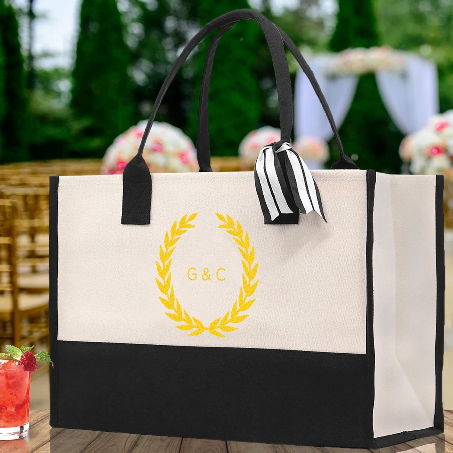 Wedding Monogram Welcome Canvas Tote Bag with Wreath Personalized Wedding Gift Welcome Bag Favor for Guests Custom Wedding Guest Gift