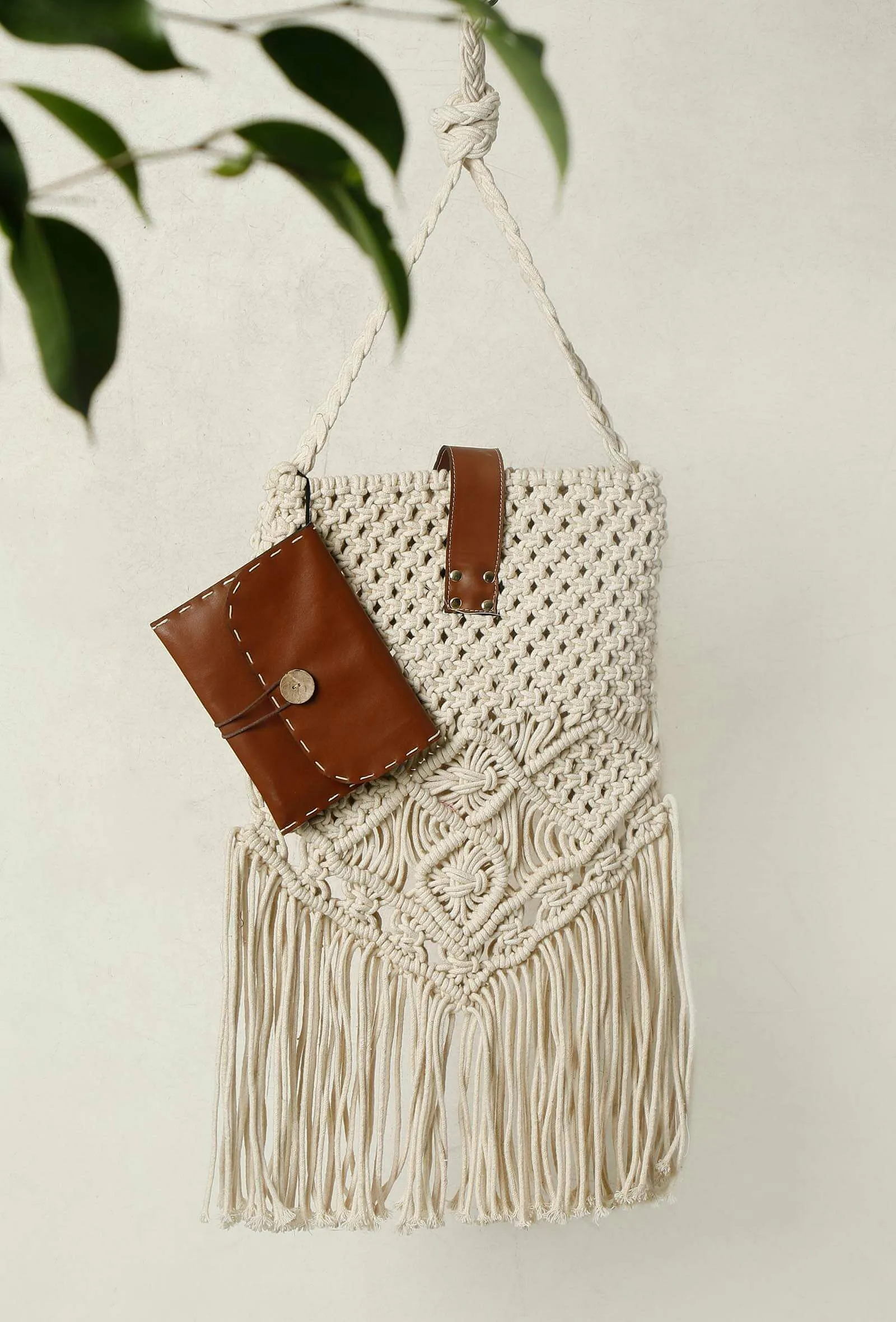 White Macrame Fringed Sling Bag With Cruelty Free Leather Pouch