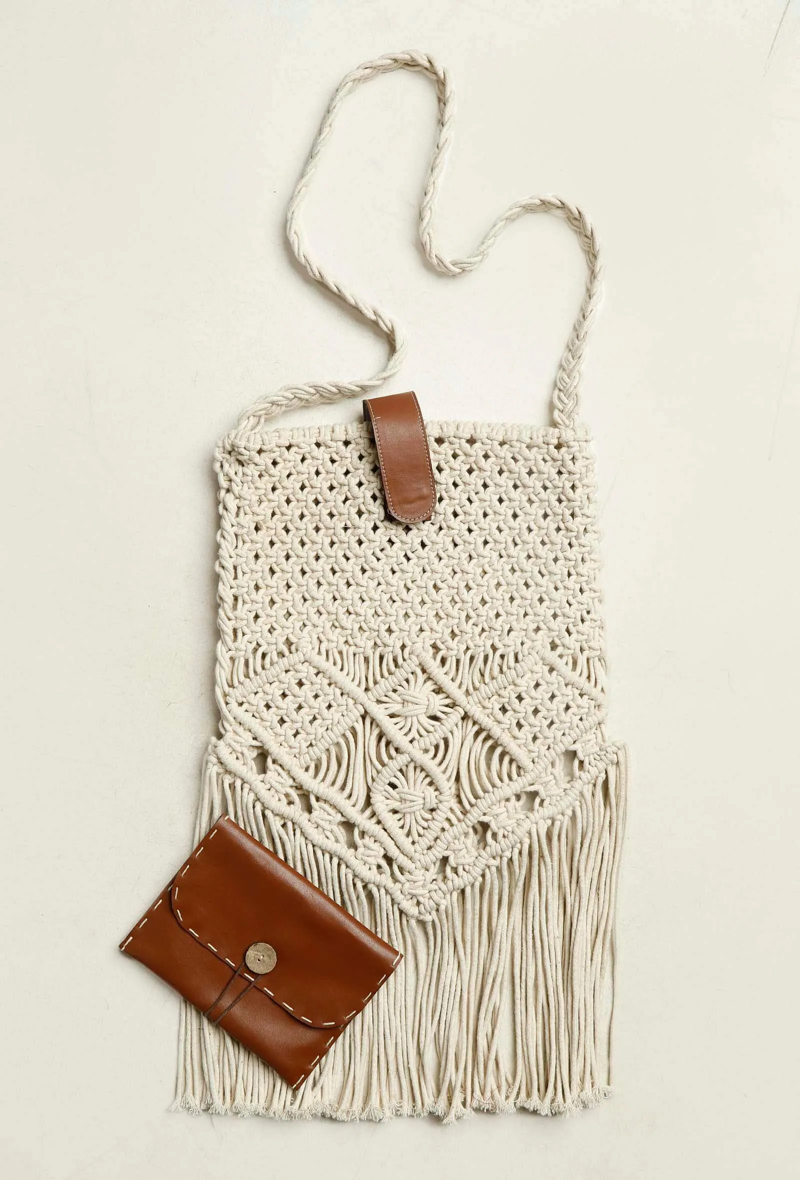 White Macrame Fringed Sling Bag With Cruelty Free Leather Pouch