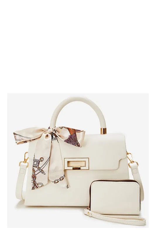 White Scarf Twist Lock Flap Satchel 2-In-1 Set