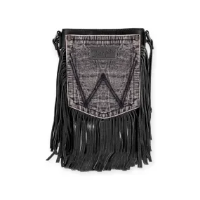 Wrangler Leather Fringe Jean Denim Pocket Crossbody Bag - Black/Black