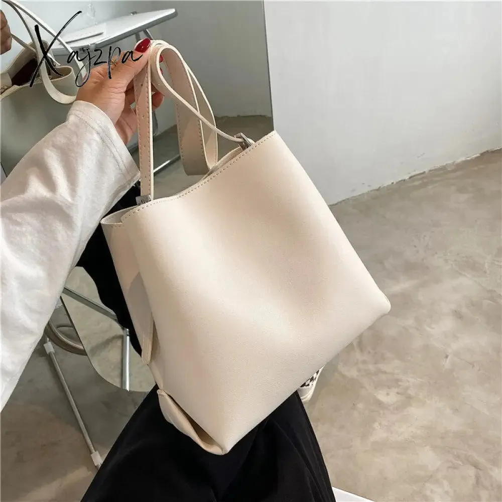Xajzpa - PU Leather Women Bucket Shoulder Bag Brand Luxury Solid Color ladies Handbags Casual Female Crossbody bags bolsas totes