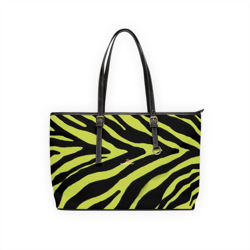 Yellow Zebra Tote Bag, Animal Print PU Leather Shoulder Hand Work Bag 17"x11"/ 16"x10" For Ladies