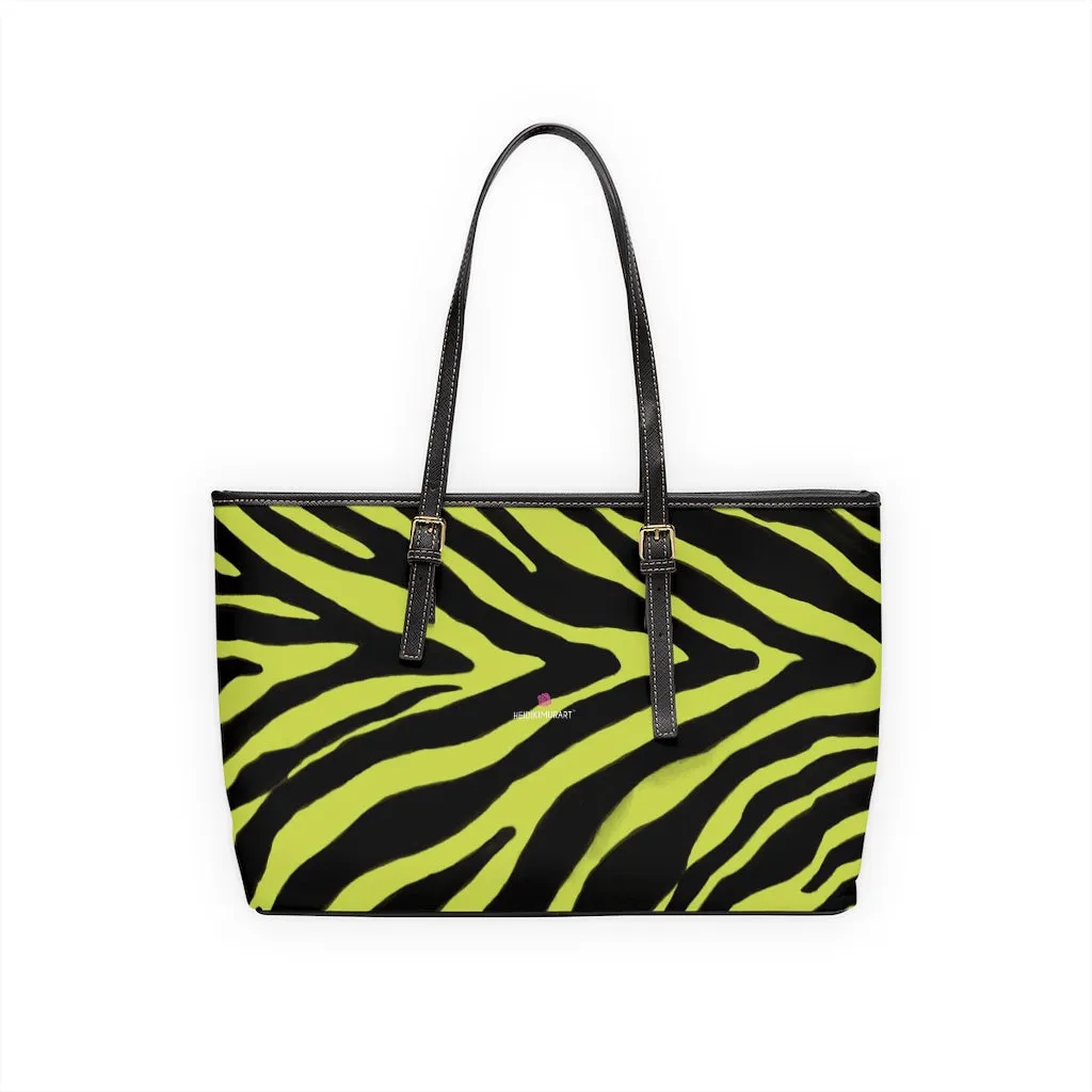 Yellow Zebra Tote Bag, Animal Print PU Leather Shoulder Hand Work Bag 17"x11"/ 16"x10" For Ladies