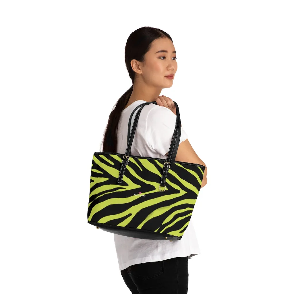 Yellow Zebra Tote Bag, Animal Print PU Leather Shoulder Hand Work Bag 17"x11"/ 16"x10" For Ladies