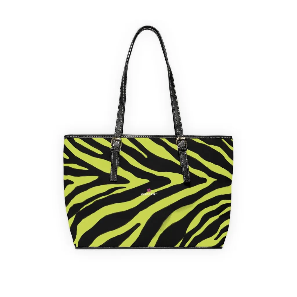 Yellow Zebra Tote Bag, Animal Print PU Leather Shoulder Hand Work Bag 17"x11"/ 16"x10" For Ladies