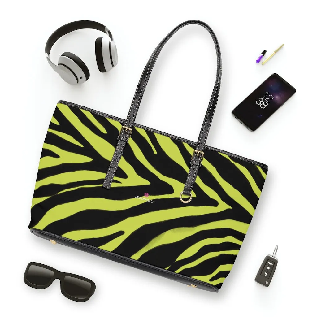 Yellow Zebra Tote Bag, Animal Print PU Leather Shoulder Hand Work Bag 17"x11"/ 16"x10" For Ladies