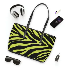 Yellow Zebra Tote Bag, Animal Print PU Leather Shoulder Hand Work Bag 17"x11"/ 16"x10" For Ladies