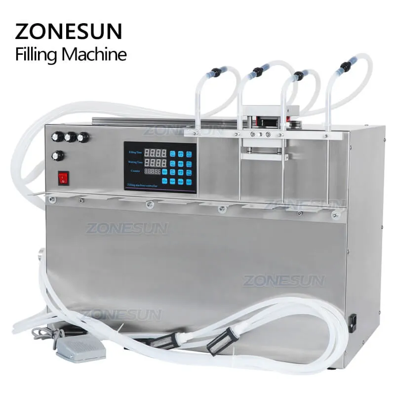 ZS-MPSP4-Semi-automatic-4-Heads Magnetic Pump Juice Drinks Beverage Spout Pouch Bag Filling Machine