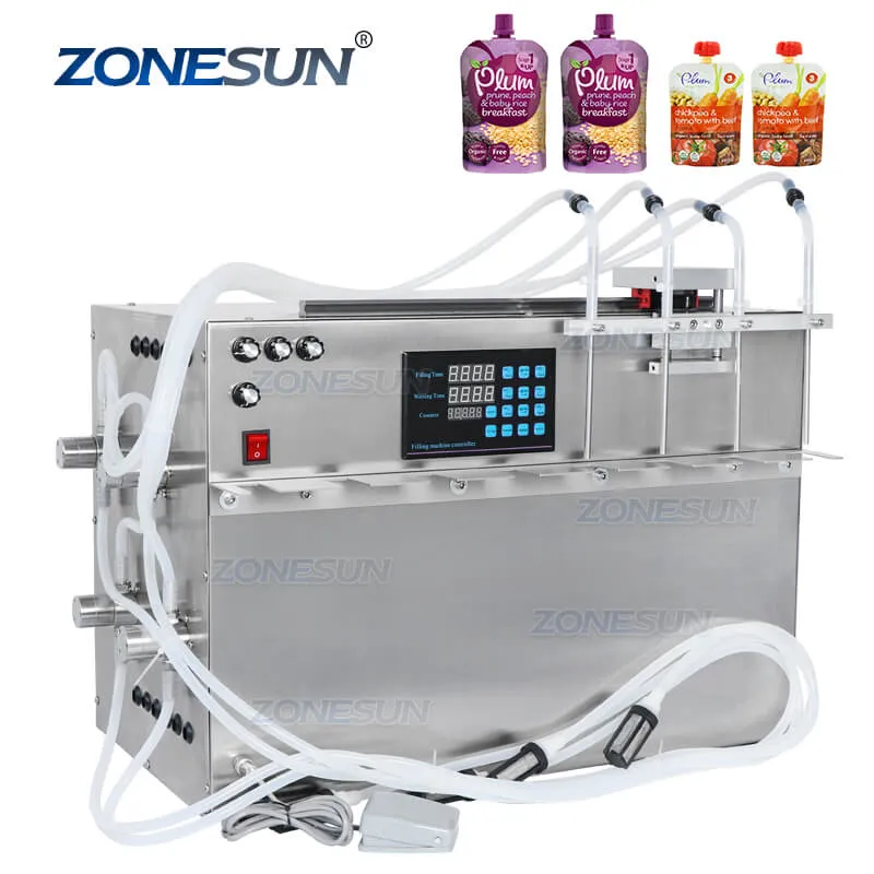 ZS-MPSP4-Semi-automatic-4-Heads Magnetic Pump Juice Drinks Beverage Spout Pouch Bag Filling Machine